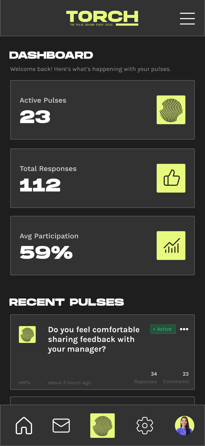 TORCH mobile app dashboard showing 23 active pulses, 112 total responses, and 59% average participation.