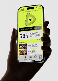 A hand holding a phone showing the TORCH daily pulse with 68% feeling inspired.